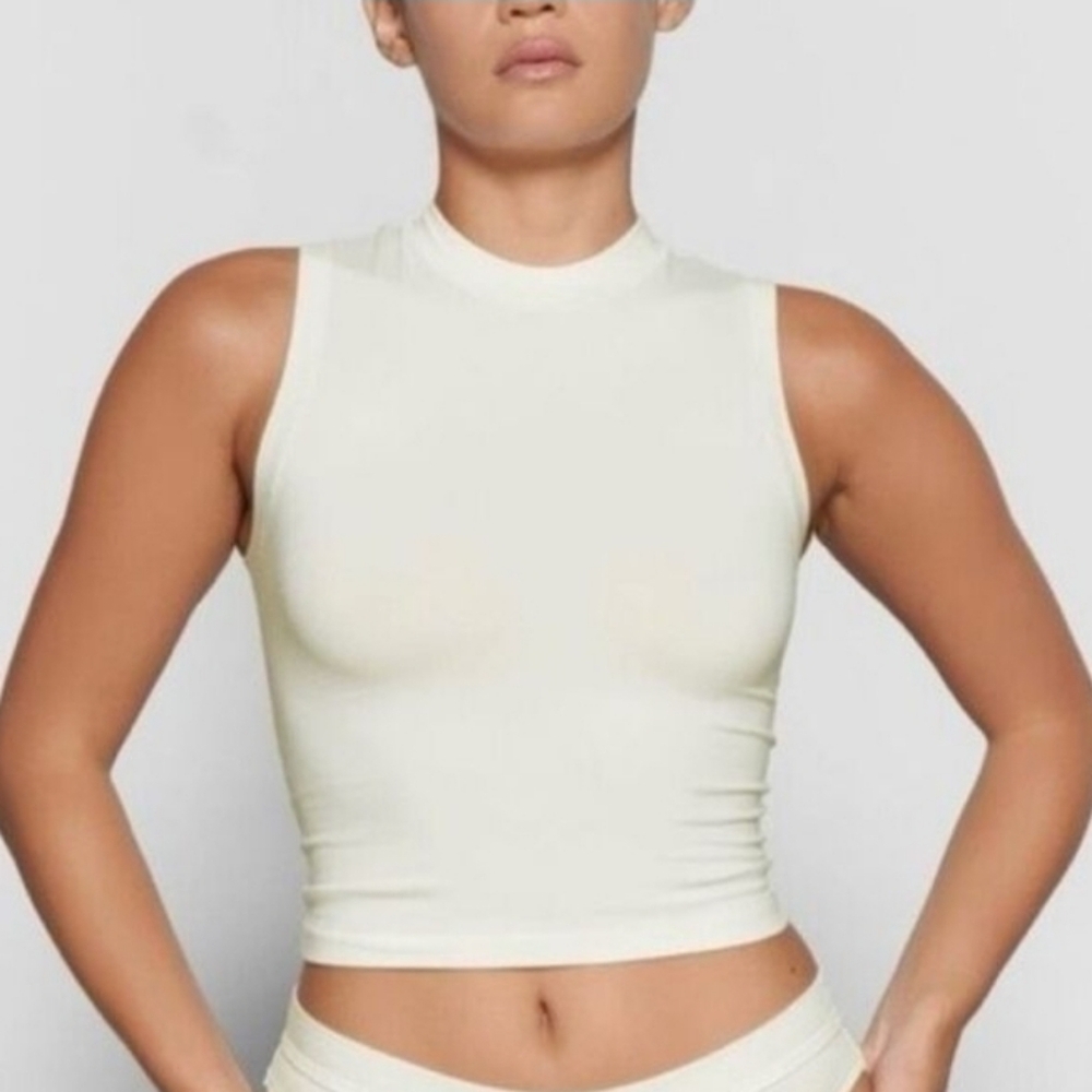 Skims Cotton Jersey Mock Neck Tank Bone Size XL